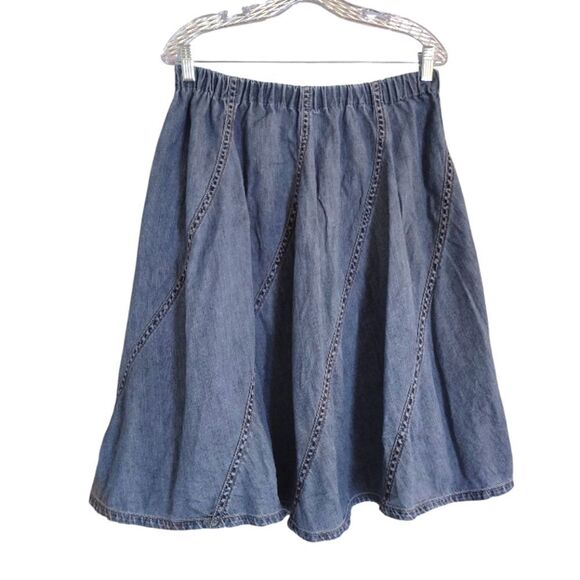 VTG 90s Blue Denim Patch Pull On Full Midi Jean Skirt  *Fits like Medium - Picture 5 of 12